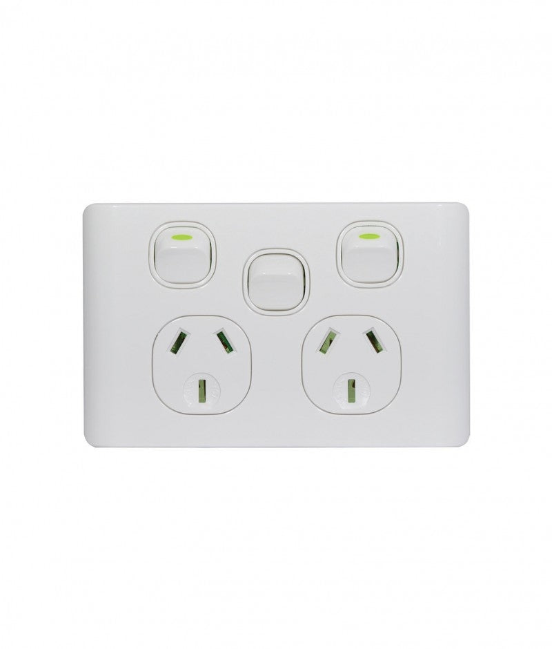 Leopard Power Point Switched 2 Gang,10A 250V With Extra Switch 16AX/20A (LEPPSW2G) White GSM