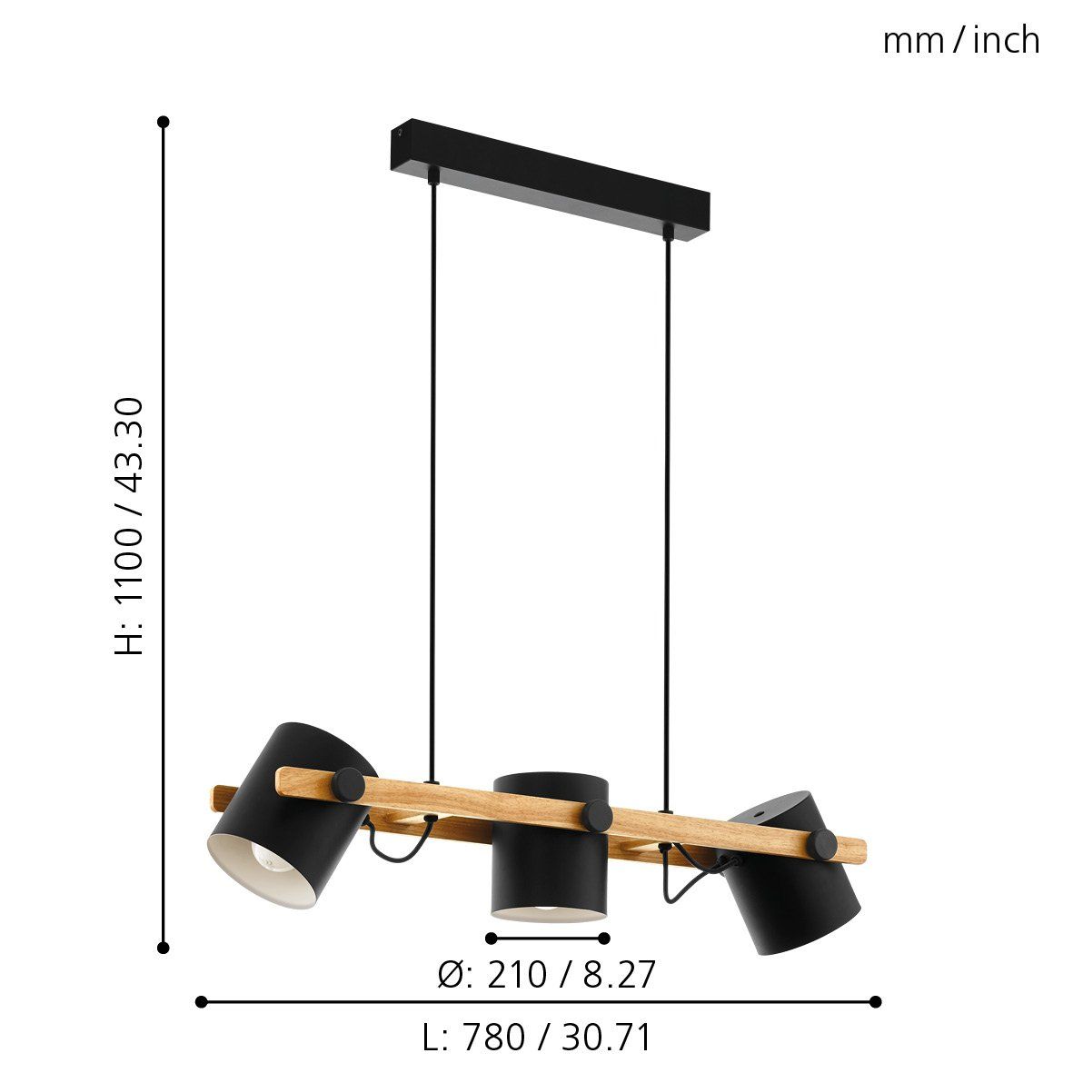 HORNWOOD PENDANT LIGHT 3X60W E27 BLACK WITH LIGHT WOOD 43045