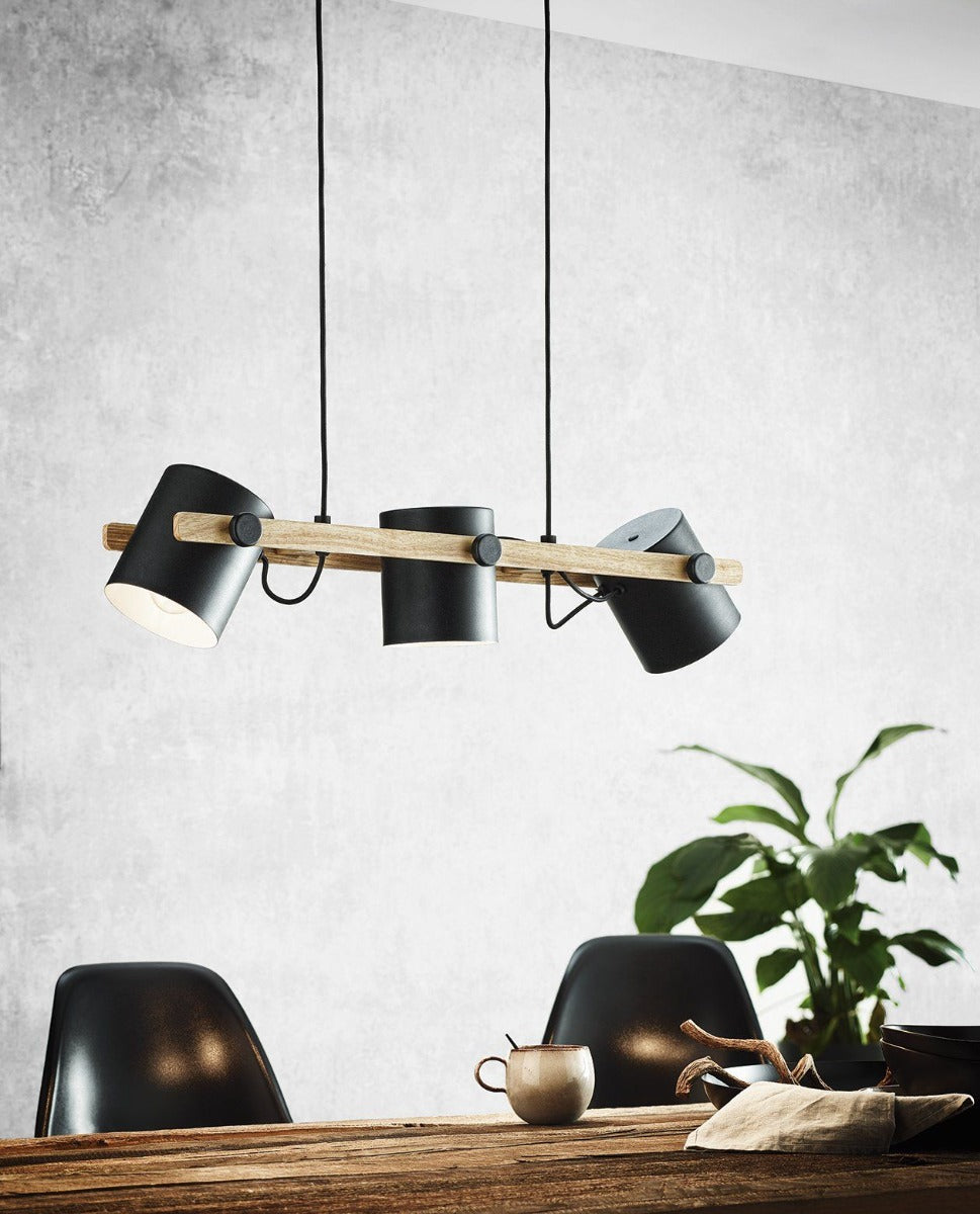 HORNWOOD PENDANT LIGHT 3X60W E27 BLACK WITH LIGHT WOOD 43045