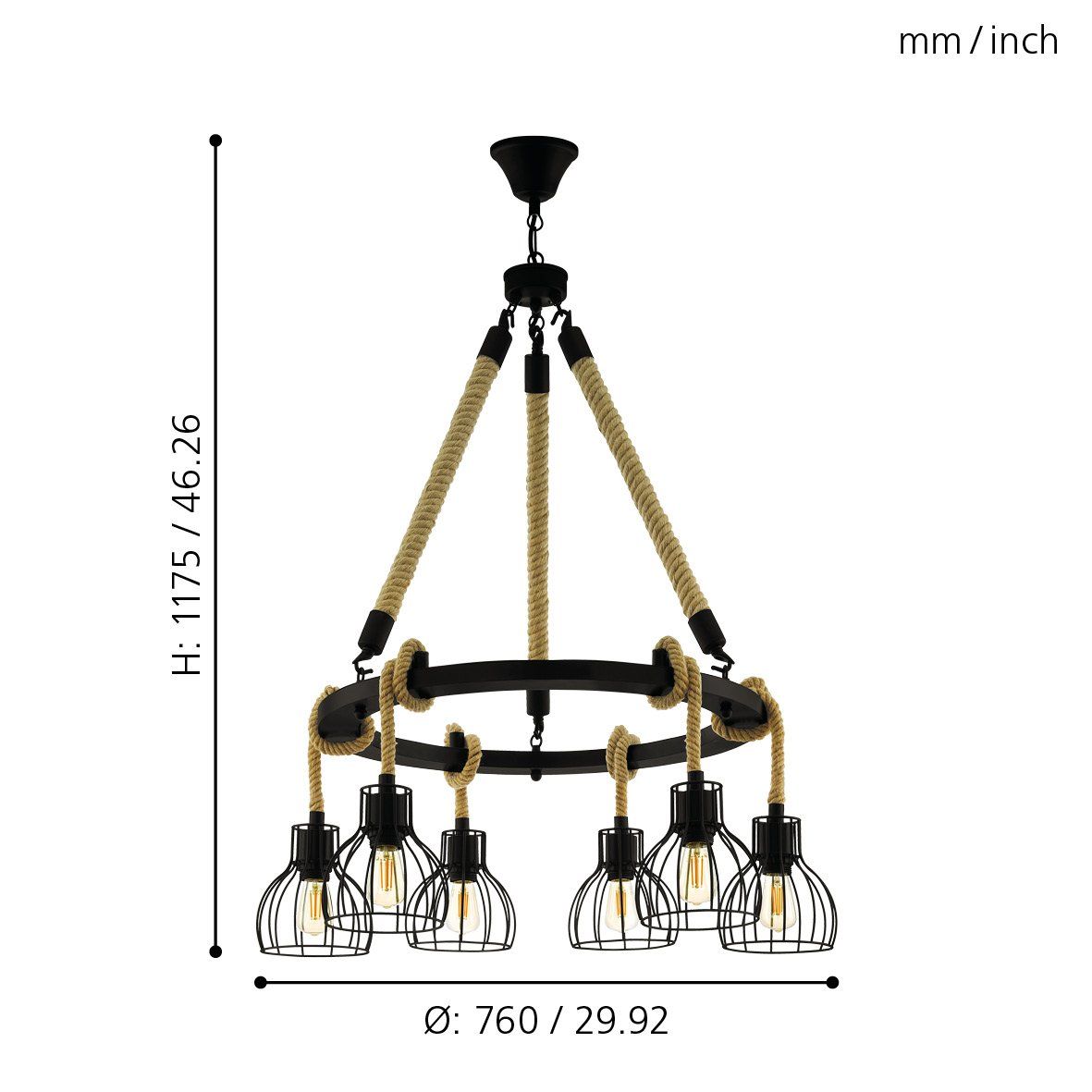 Rampside 6 Light Bar Rope Pendant 28W E27 Black 43194