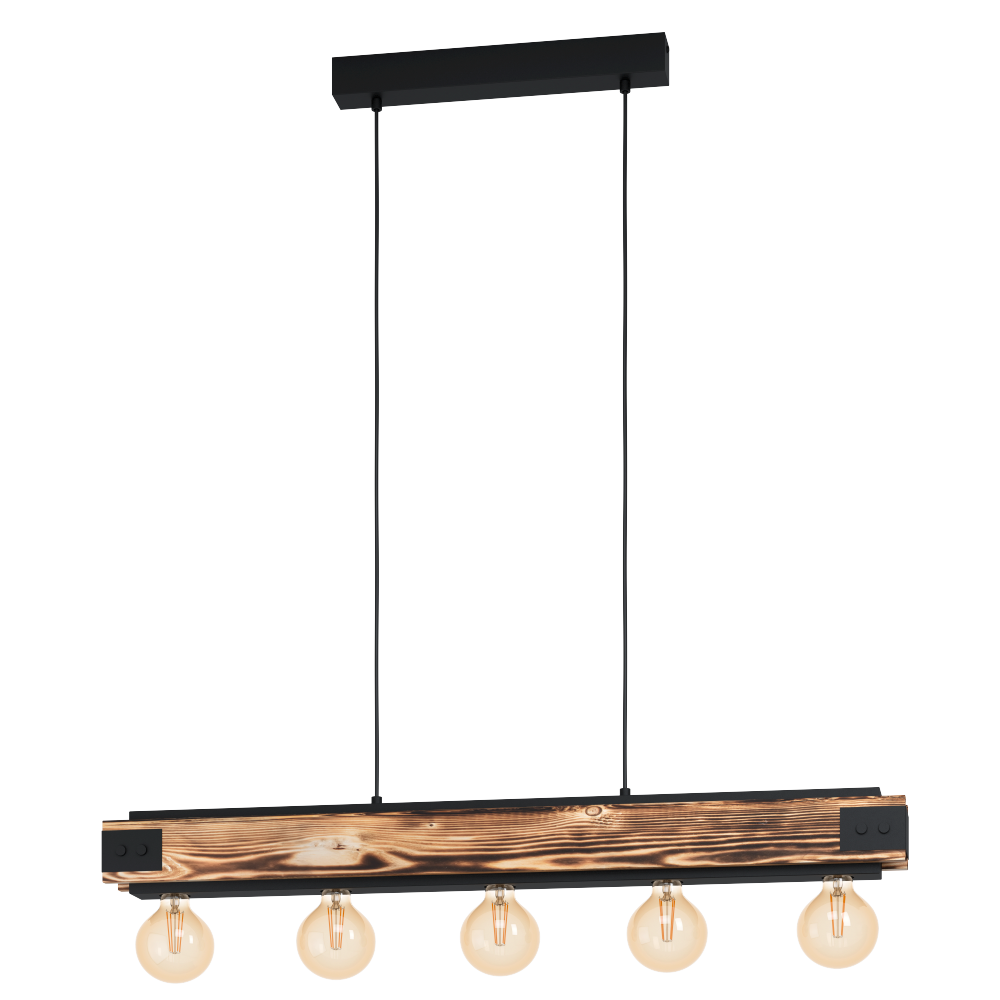 LAYHAM PENDANT LIGHT 5X60W E27 BLACK WITH RUSTIC WOOD 43468N