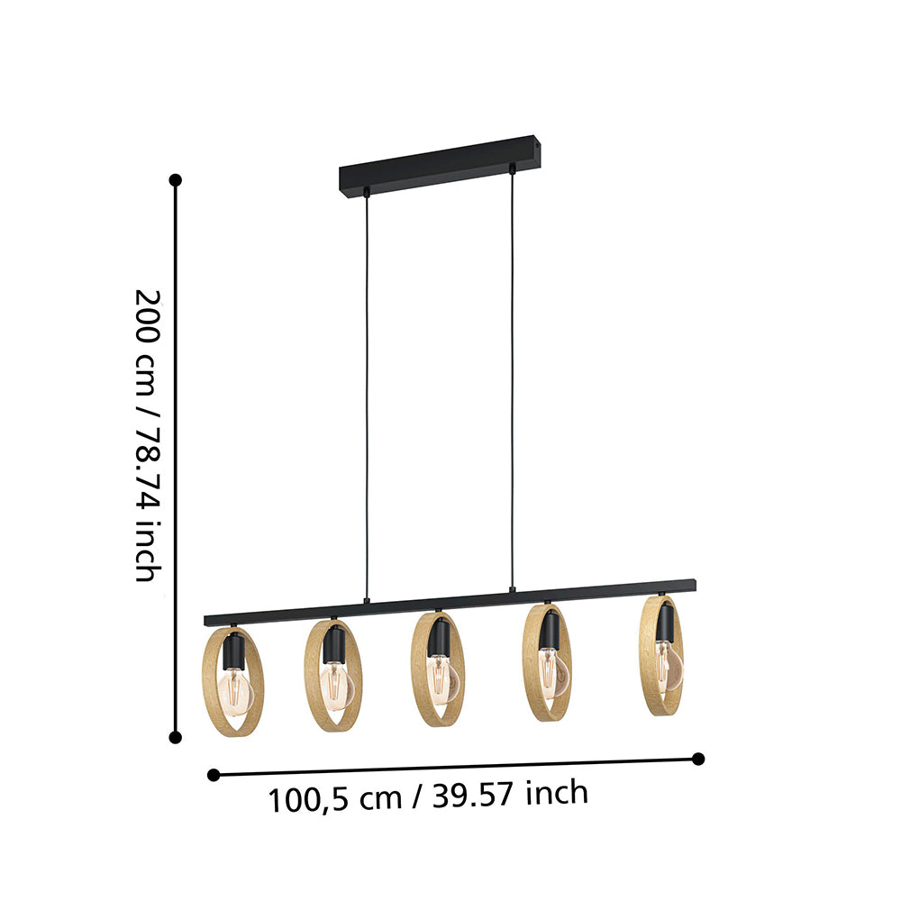 IPSDEN PENDANT LIGHT 5X40W E27 BLACK WITH NATURAL WOOD 43552N