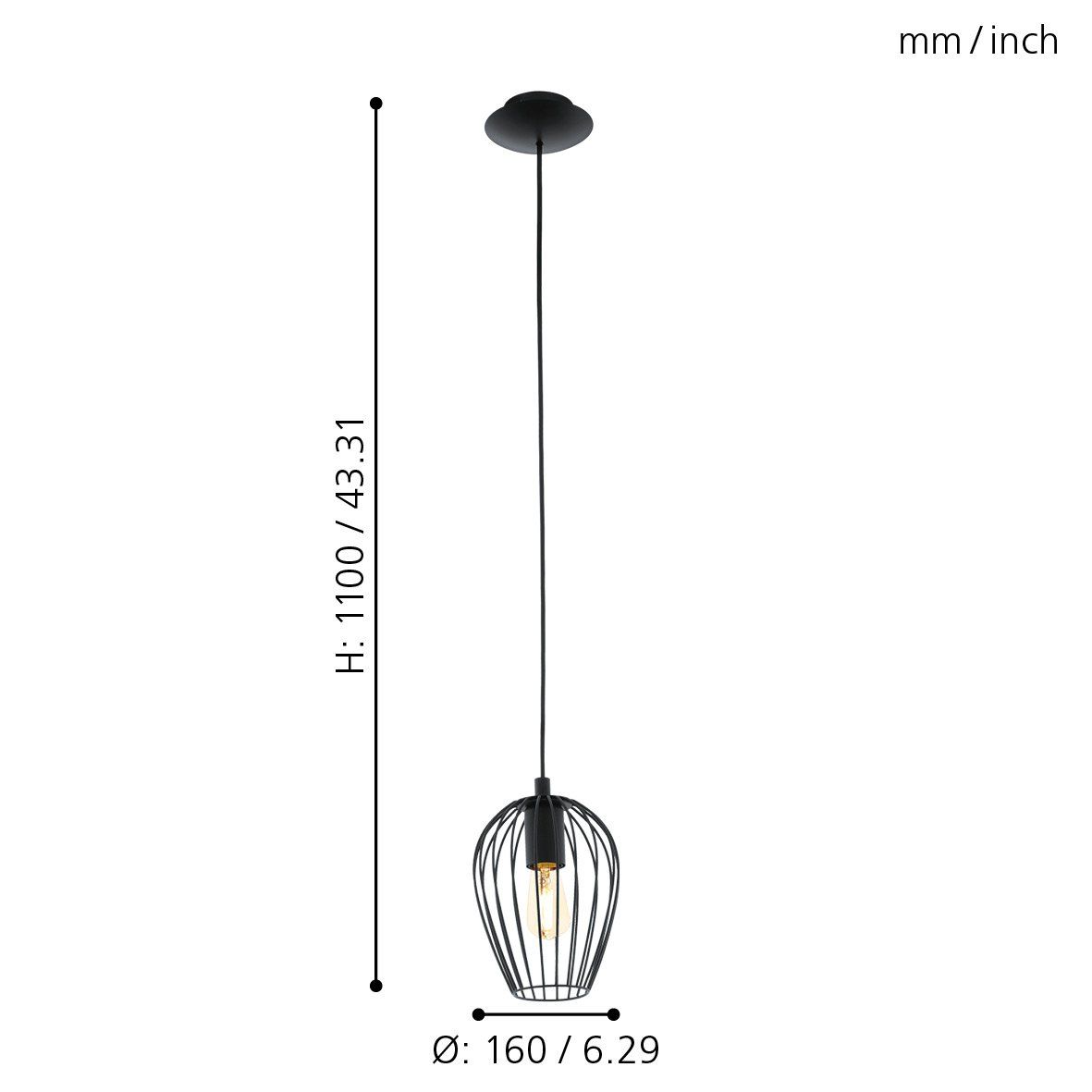 Newtown Small Vintage Wire Cage E27 60w Pendant Black 49477