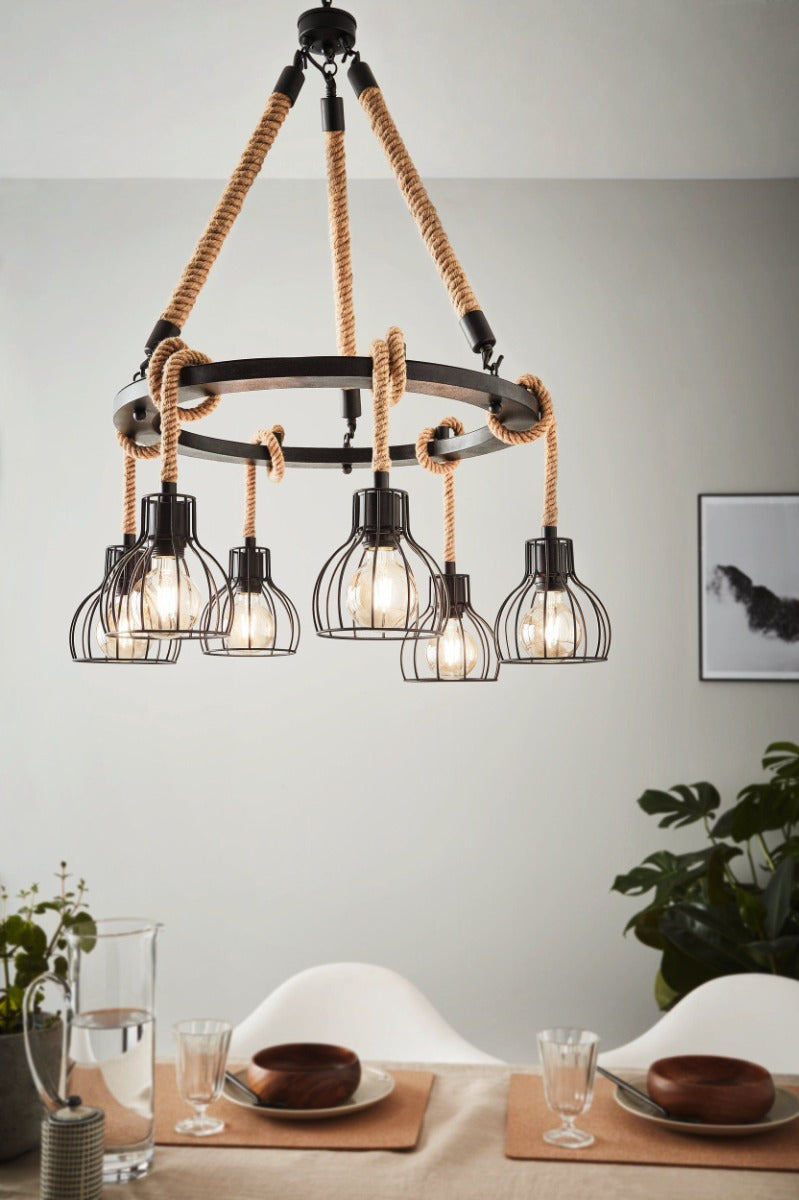 Rampside 6 Light Bar Rope Pendant 28W E27 Black 43194