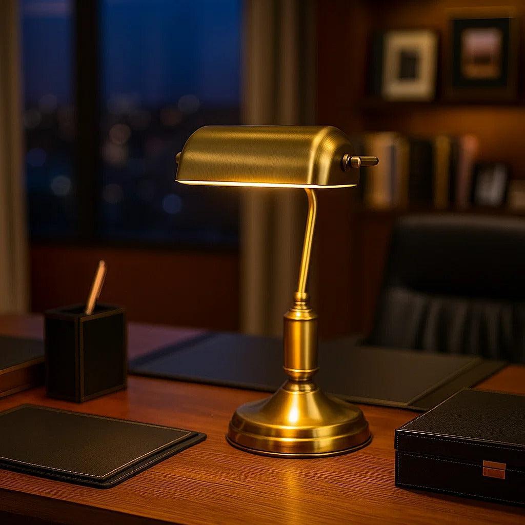 Banca Banker Table Lamp in Matte Black, White & Brass