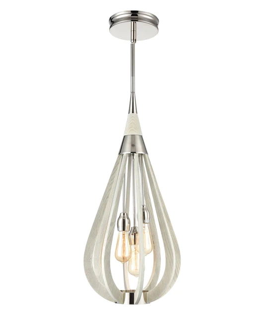 MEDIUM 3XE27 POLISHED NICKEL & TAUPE FINISHED WOOD BONITO7 Cla Lighting