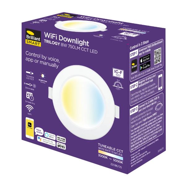 Brilliant TRILOGY - Smart WiFi LED CCT Biorhythm Downlight IP44 240V
