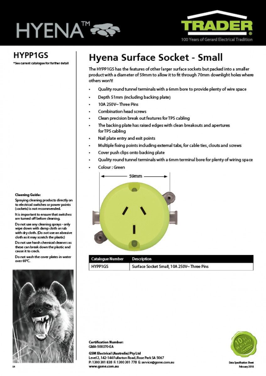 Hyena Surface Socket Small dia 59mm10A 250V Three Pins (HYPP1GS) GSM