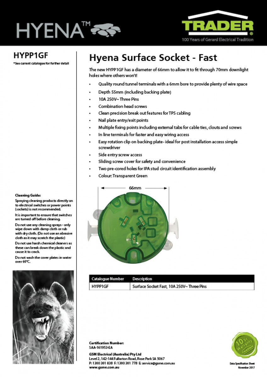 Hyena Surface Socket 10A 250V Three Pins Fast Installation (HYPP1GF) GSM