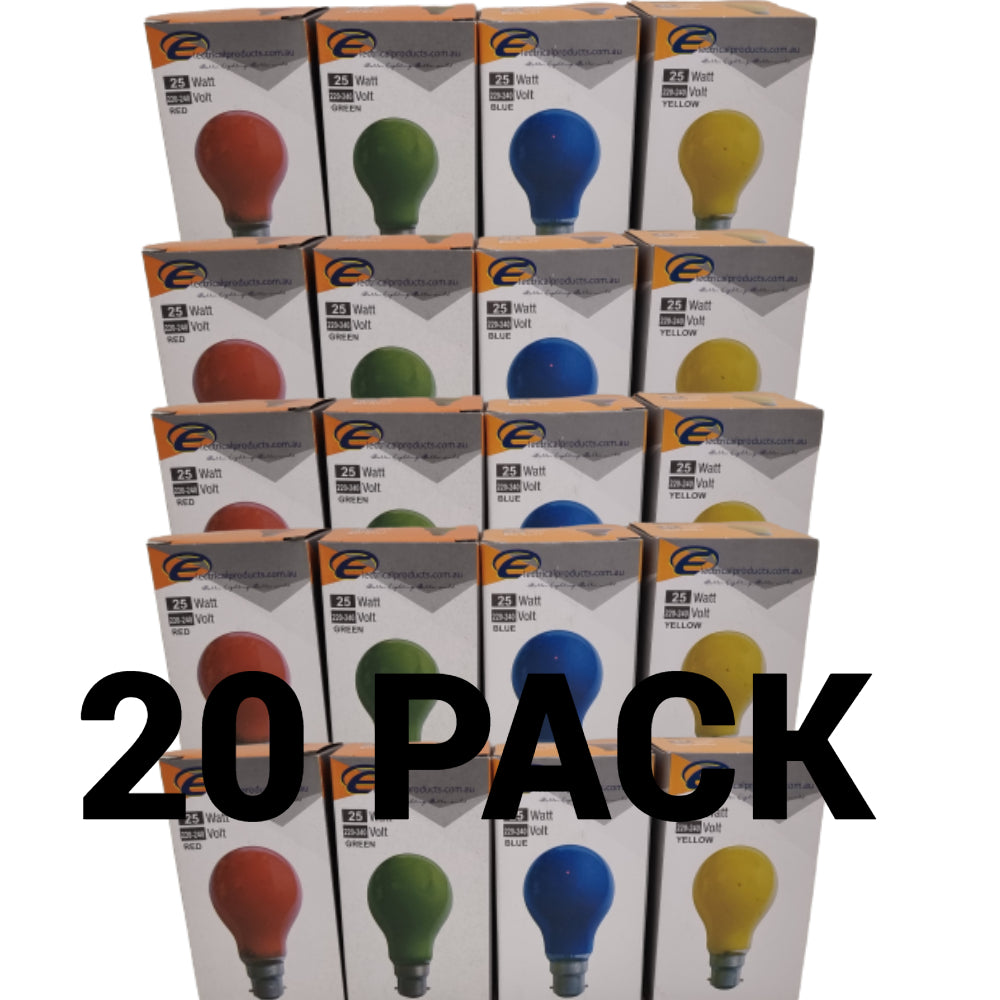 20 x Mixed Coloured Light Globes Bulbs 25w Lamps Party Festoon Bayonet B22 Lamps