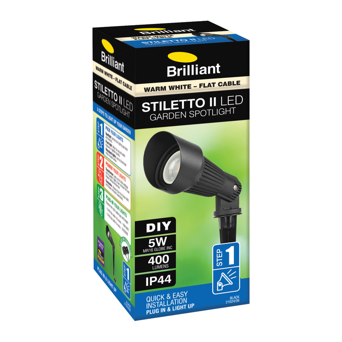 STILETTO II GARDEN SPOTLIGHT WITH 5W 3000K LED MR16 GLOBE - BLACK - 21624/06