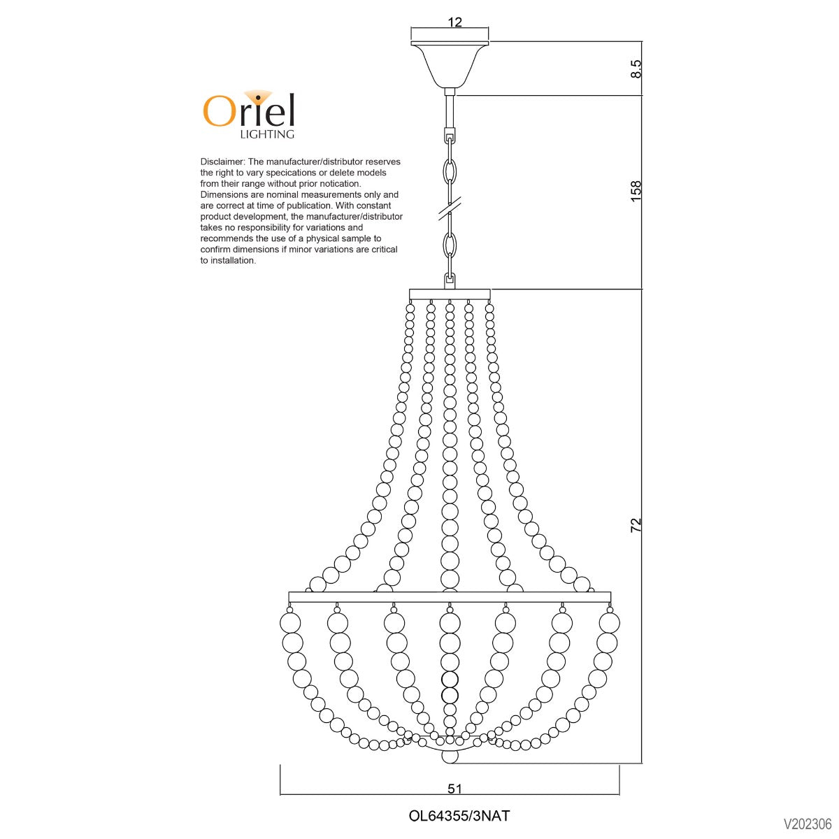 CASCARA 3LT 500mm BEAD PENDANT NATURAL - OL64355/3NAT