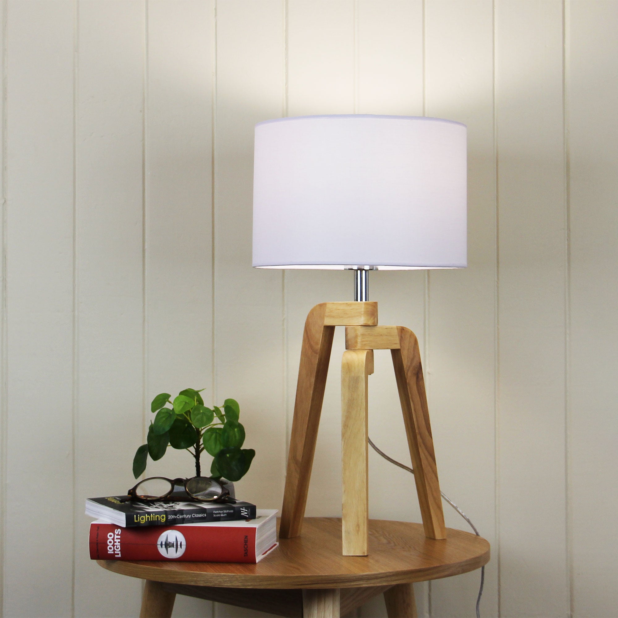 LUND TABLE LAMP Scandi Inspired Timber Tripod Lamp with Shade - OL93521WH