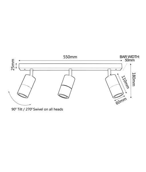 WALL GU10 X 3 (Max 35W HAL) PILLAR 3 Light BAR BLK PG3BARBL CLA Lighting