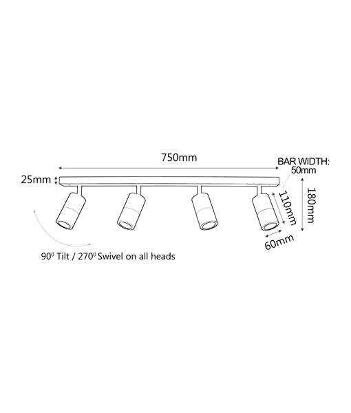 WALL GU10 X 4 (Max 35W HAL) PILLAR 4 Light BAR TITANIUM PG4BART CLA Lighting