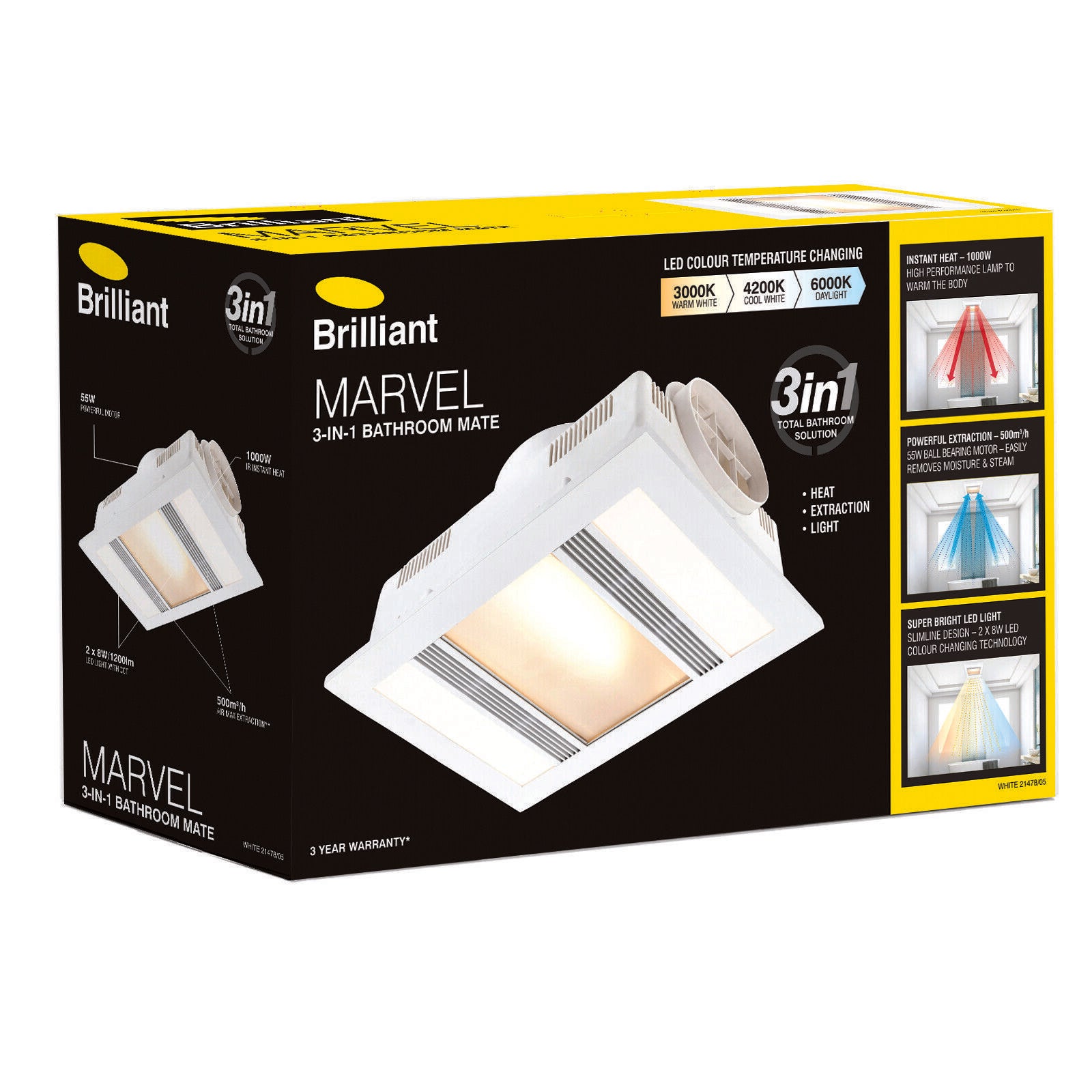 Brilliant Marvel LED Premium Bathroom 3 in 1 Heater Exhaust Fan Light