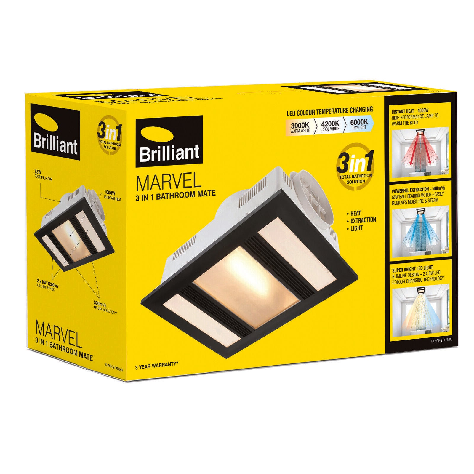 Brilliant Black Marvel LED Premium Bathroom 3 in 1 Heater Exhaust Fan Light - 21478/06