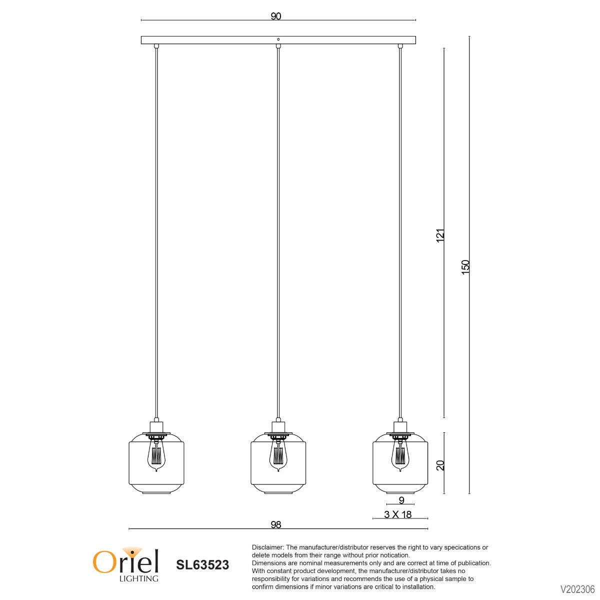 MARCONI 3 LIGHT PENDANT CLEAR GLASS SL63523CL
