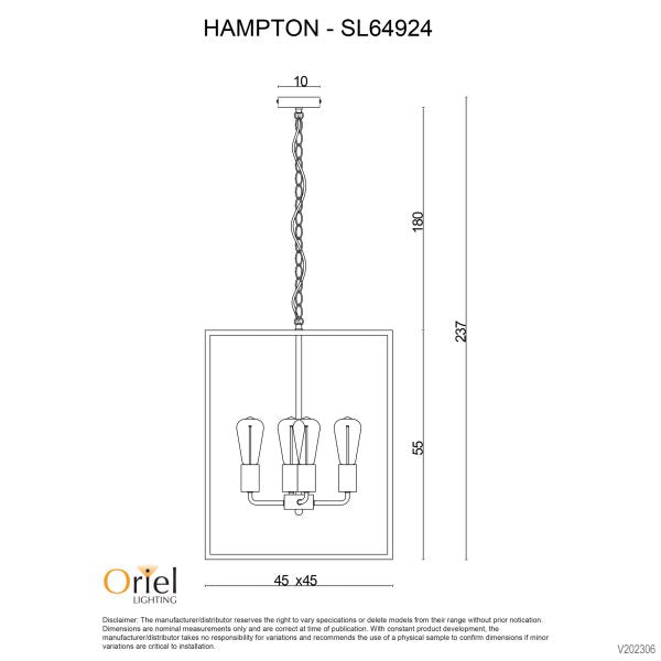 HAMPTON 4 LIGHT PENDANT BLACK no glass - SL64924BK
