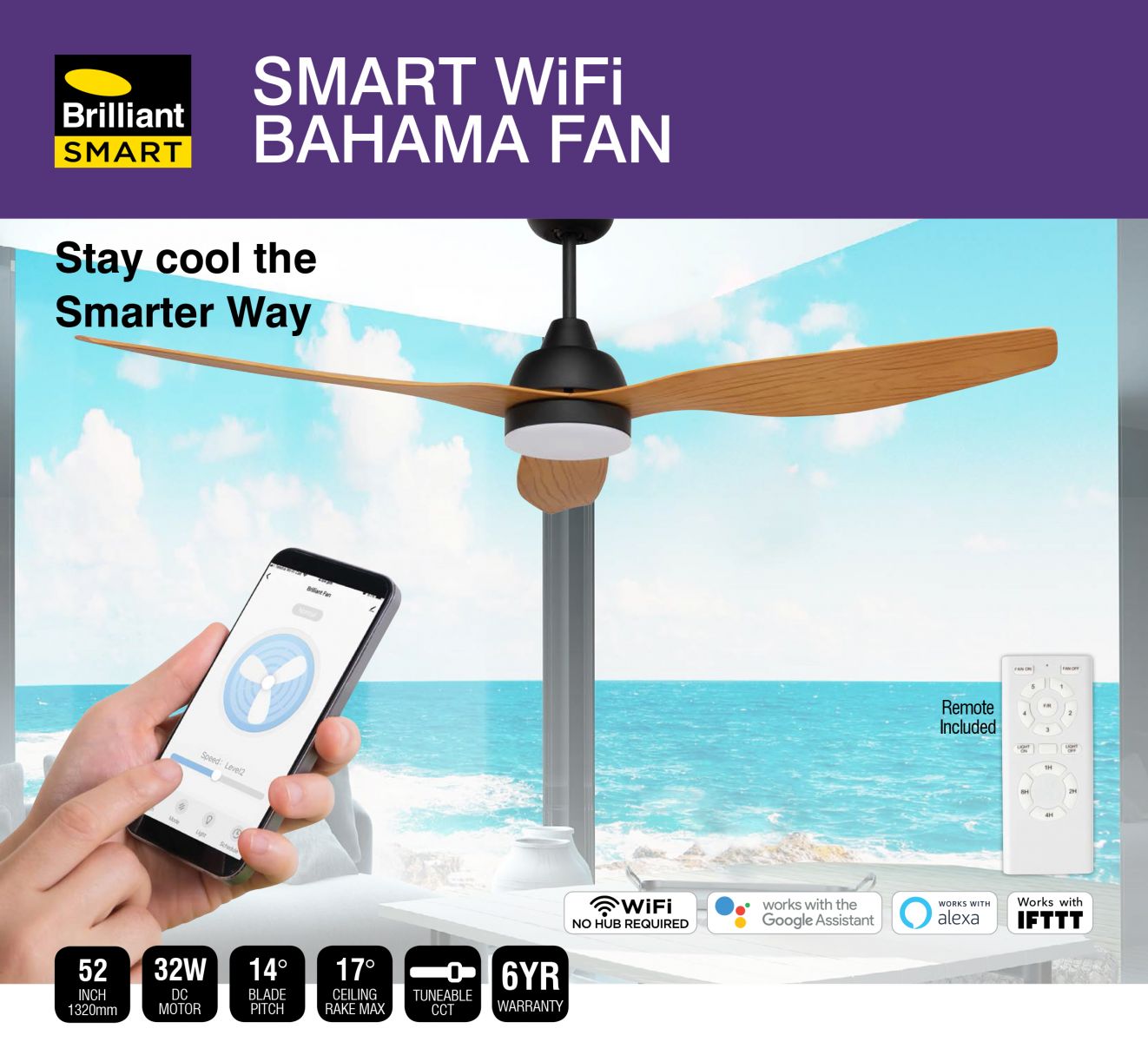 BRILLIANT SMART BAHAMA WIFI 52" DC CEILING FAN WITH 18W LED LIGHT - 20918/51