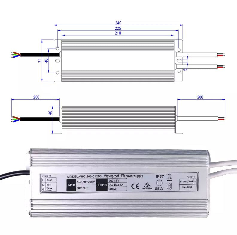 Weatherproof DC Constant Voltage 12V 200W IP67 Driver - VHO-200-012B5