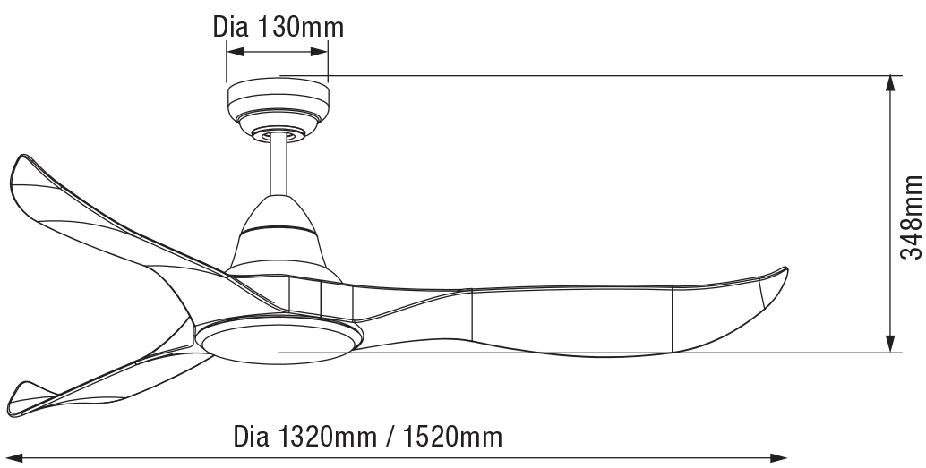 Wave 1520mm 3 ABS Blade DC Remote Control Ceiling Fan with 18w Tricolour LED Light Matt Black - MWF1633MMR