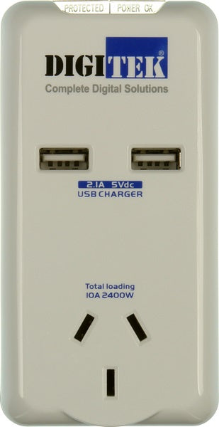 Digitek Single Outlet Surge Protector with 2 x USB Charging Points
