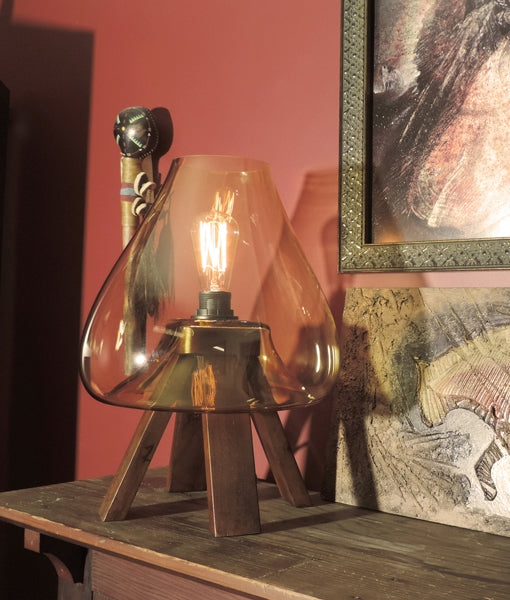 CLA LIGHTING DIVA E27 Table Lamp  1XES 40W Brown Wooden Base  Amber Glass DIVA1