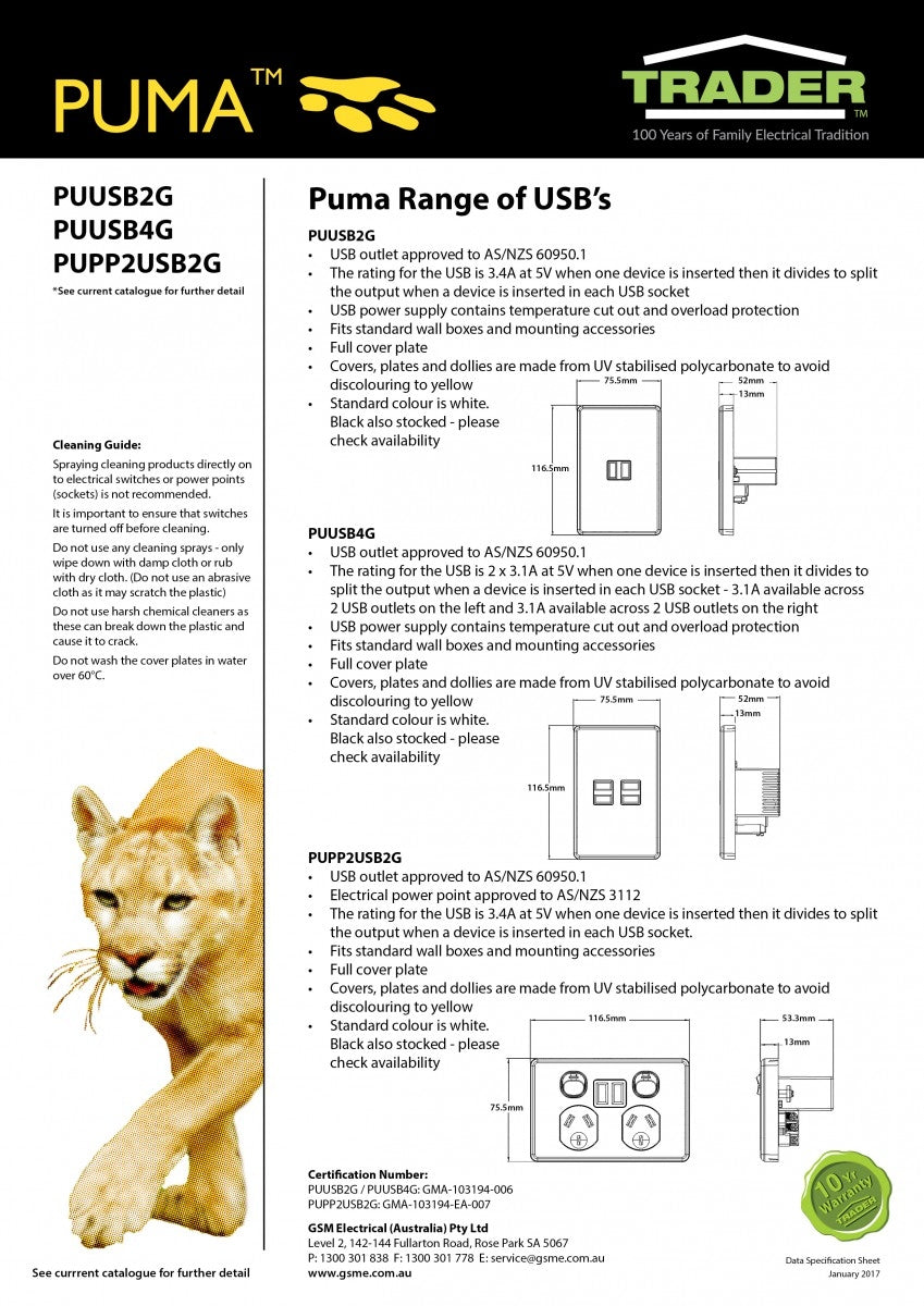 TRADER Puma Fully Integrated Dual USB Charger Power Point