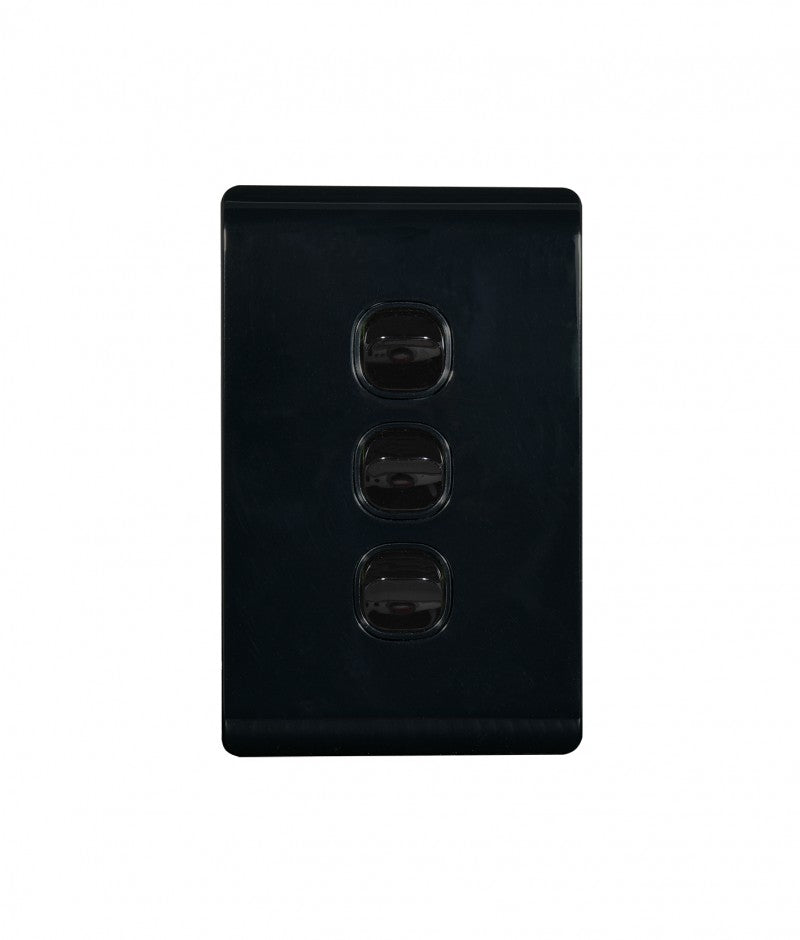 Leopard Switch Vertical 3 Gang 16AX/20A 250V (LESWV3GBLK) Black GSM