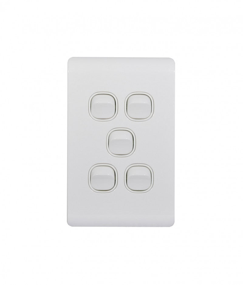 Leopard Switch Vertical 5 Gang 16AX/20A 250V (LESWV5GWHT) White GSM