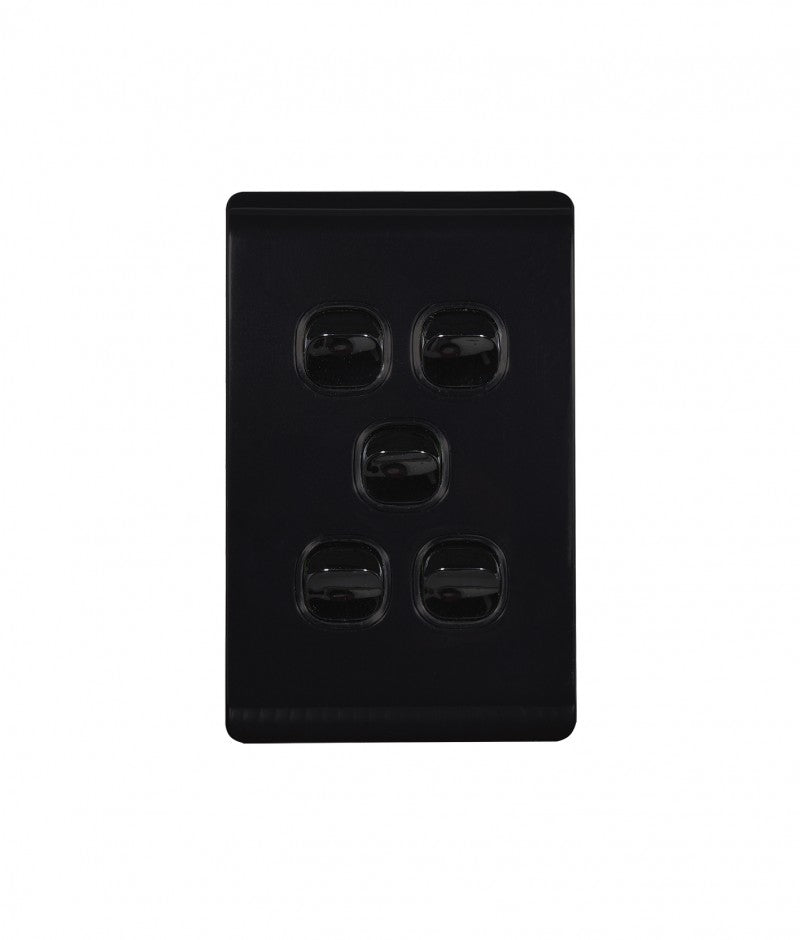 Leopard Switch Vertical 5 Gang 16AX/20A 250V (LESWV5GBLK) Black GSM