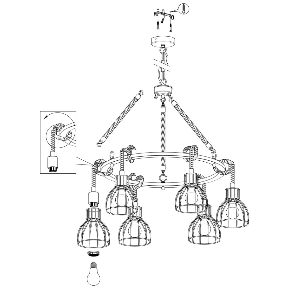 Rampside 6 Light Bar Rope Pendant 28W E27 Black 43194