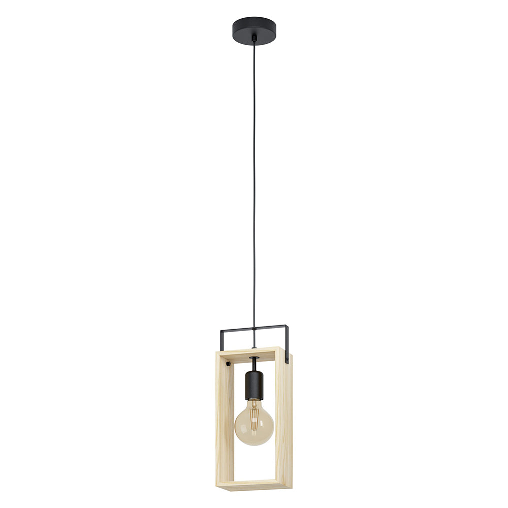 FAMBOROUGH PENDANT LIGHT 1X40W E27 BLACK WITH LIGHT WOOD ACCENT  43413N