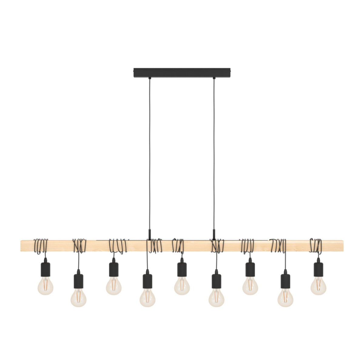 Townshend 9 Light Pendant 60W E27 Black With Light Brown Wood 49744
