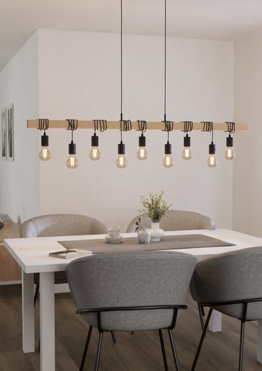 Townshend 9 Light Pendant 60W E27 Black With Light Brown Wood 49744