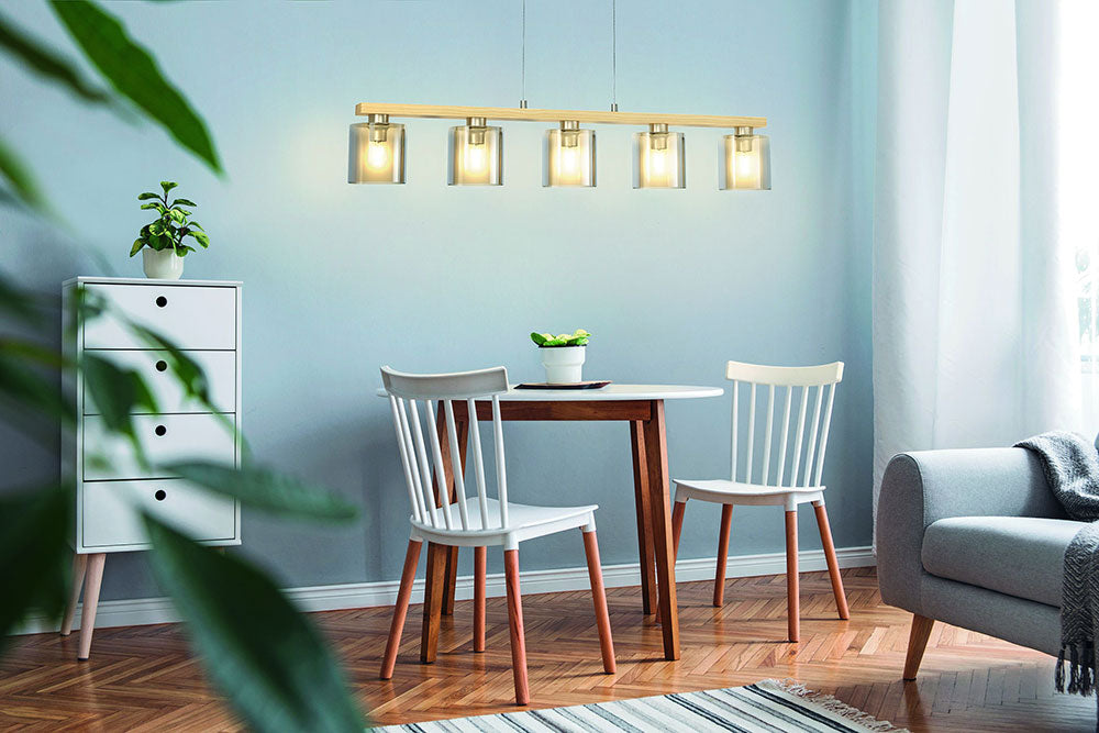 CASTRALVO PENDANT LIGHT 5X28W E27 LIGHT WOOD WITH AMBER GLASS SHADE 98592