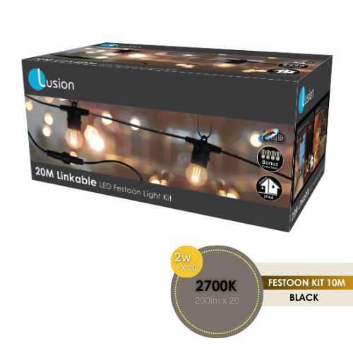 20M CABLE PACK BLACK WITH 2W E27 GLOBES LINKABLE IP44 LUS99921