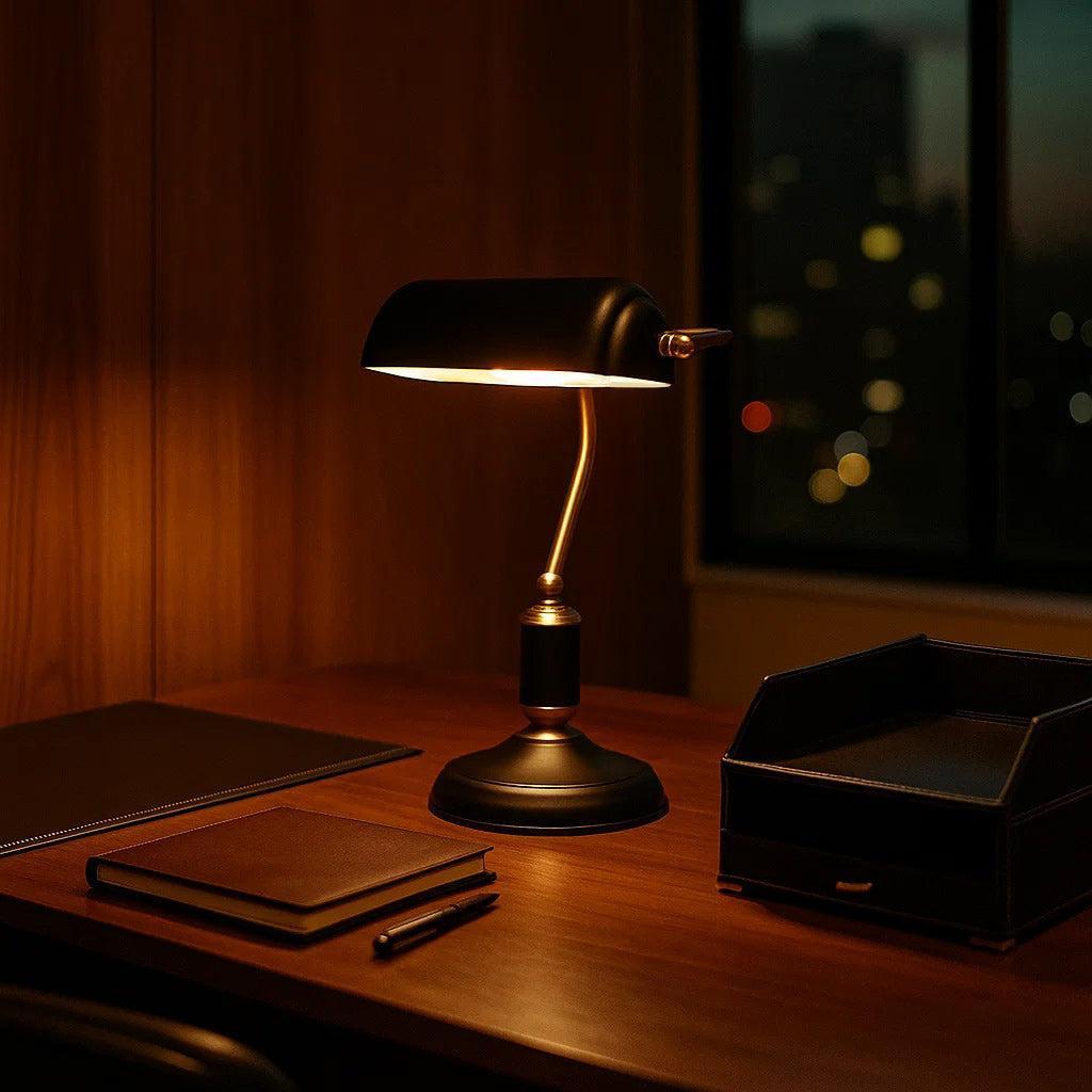 Banca Banker Table Lamp in Matte Black, White & Brass