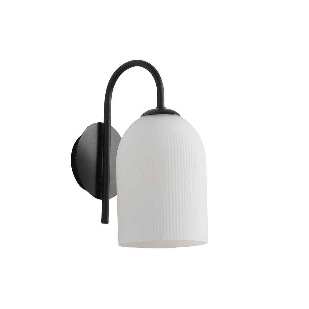 Arley Modern Opal Matt Black Wall Light with Ribbed Glass Shade