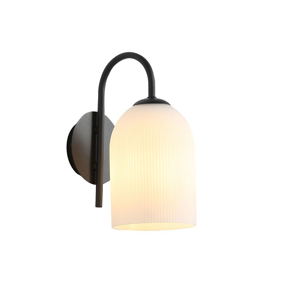 Arley Modern Opal Matt Black Wall Light with Ribbed Glass Shade