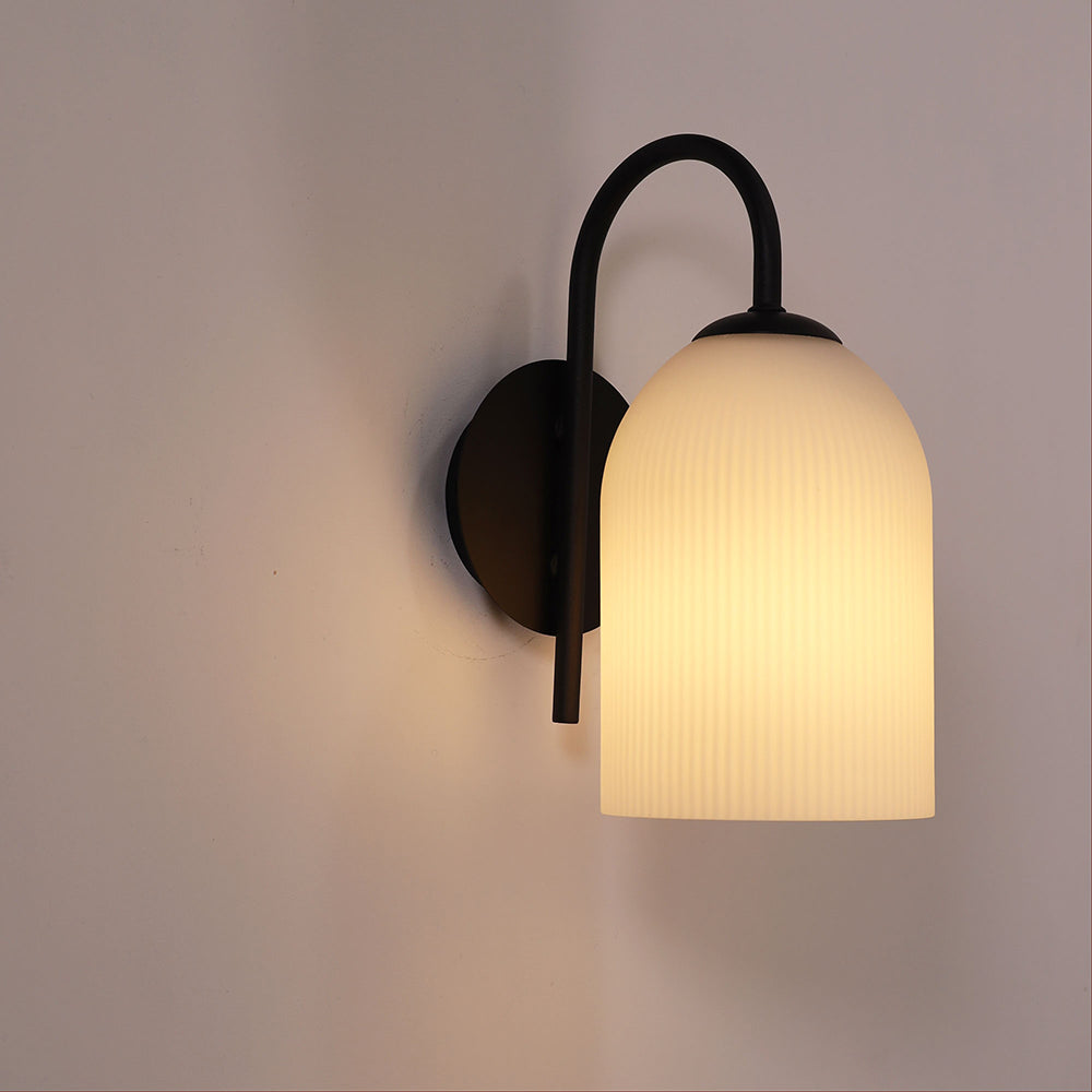 Arley Modern Opal Matt Black Wall Light with Ribbed Glass Shade