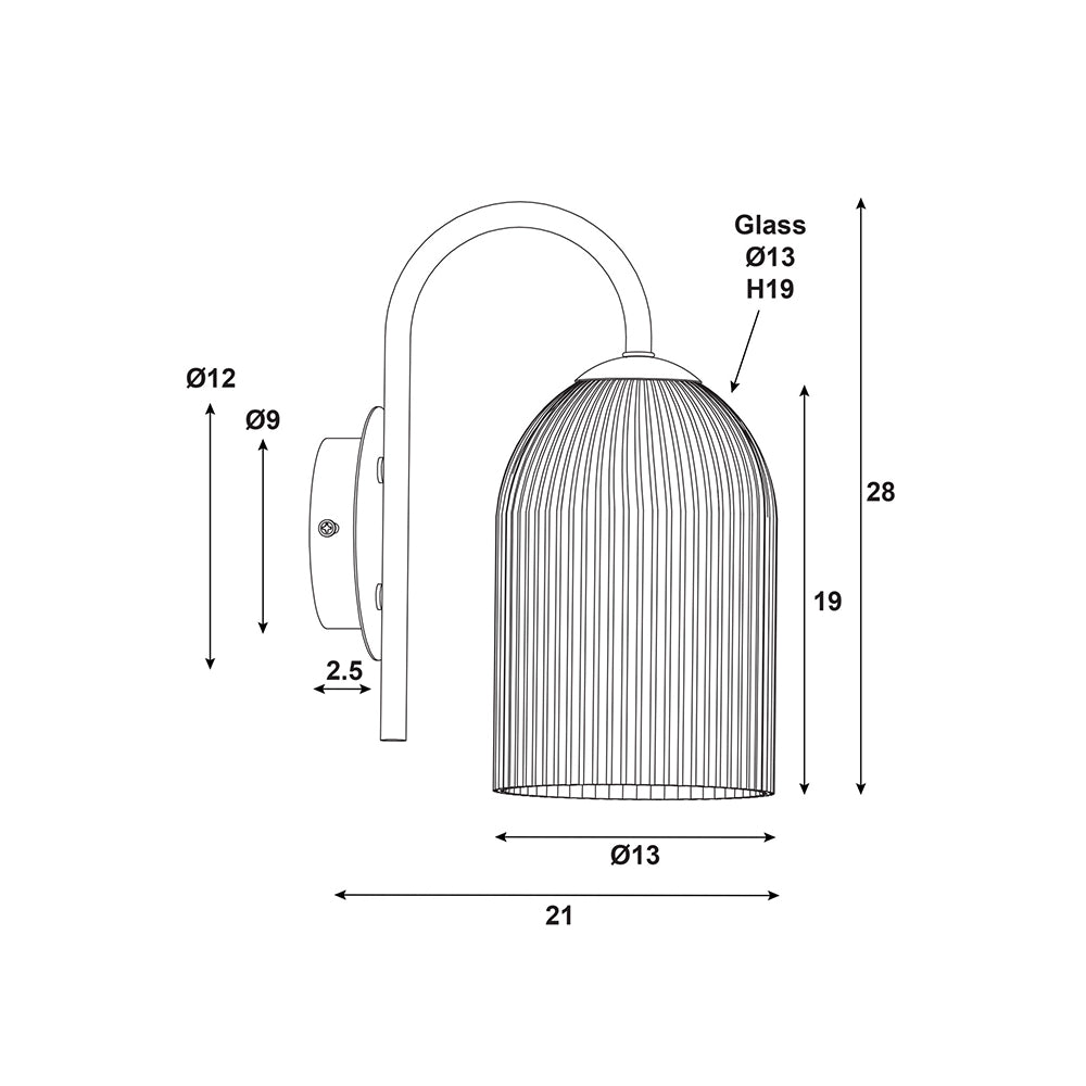 Arley Modern Opal Matt Black Wall Light with Ribbed Glass Shade