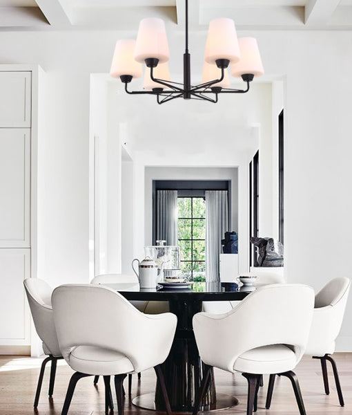 Abbey 6 Light Pendant Light in Matt Black with Opal Glass