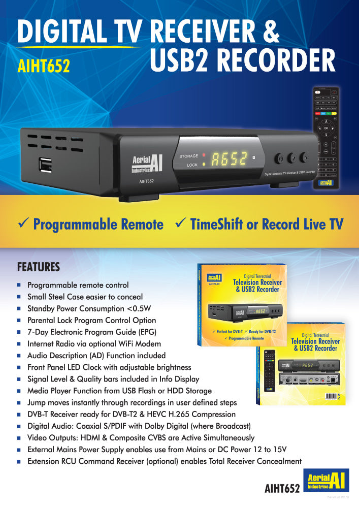 HD SET TOP BOX WITH USB RECORER AERIAL INDUSTRIES - AIHT652