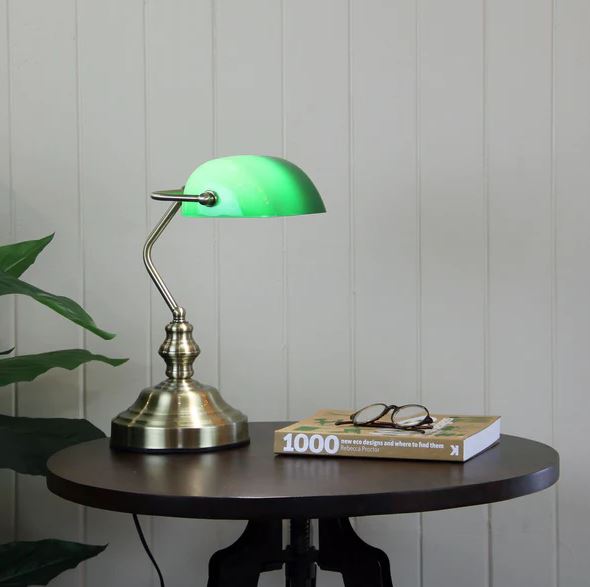 BANKERS - Traditional Style Antique Brass Touch Bankers Lamp With Dark Green Glass Shade - ON/OFF TOUCH