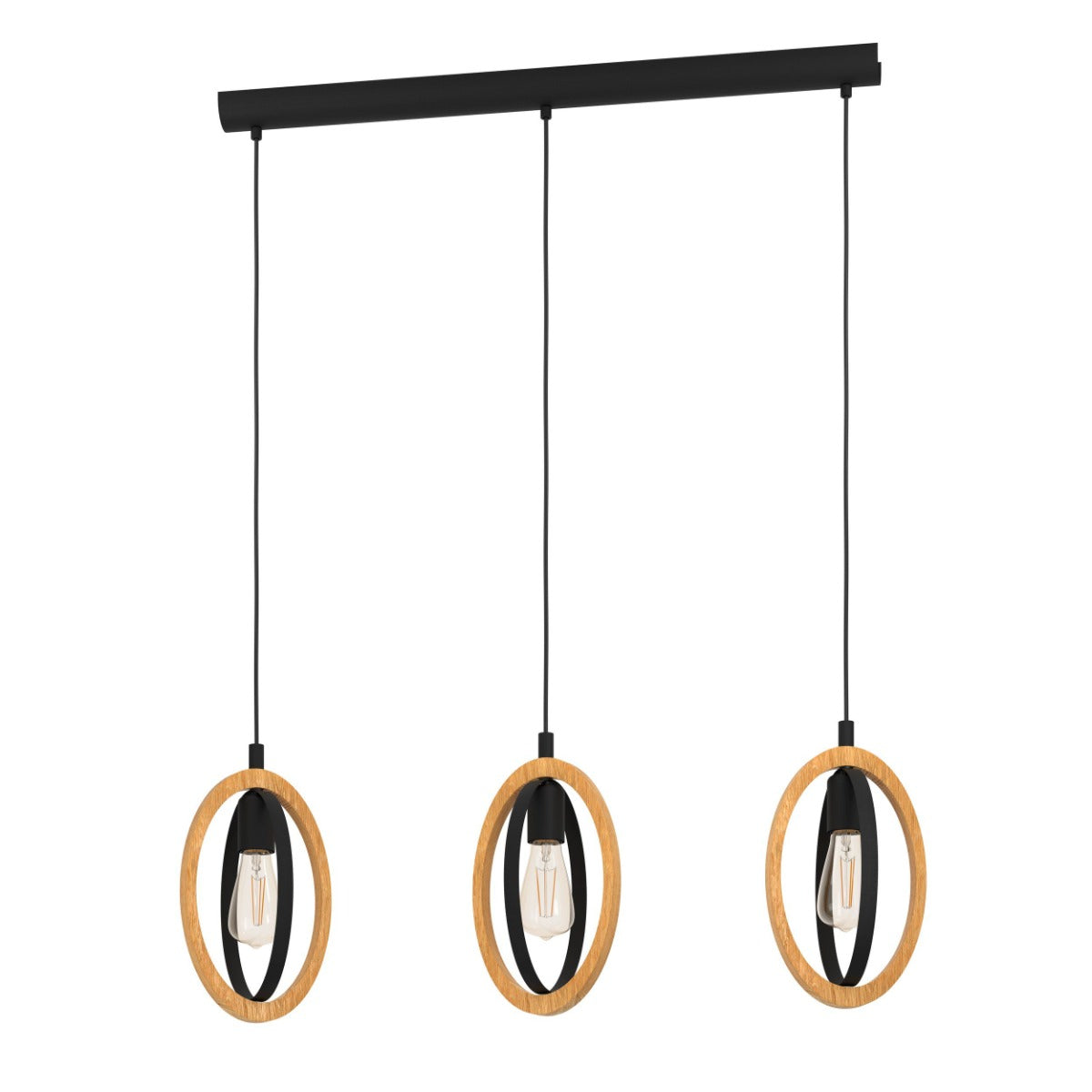 BASILDON PENDANT LIGHT 3X40W E27 BLACK WITH NATURAL WOOD ACCENT BAR 43462N