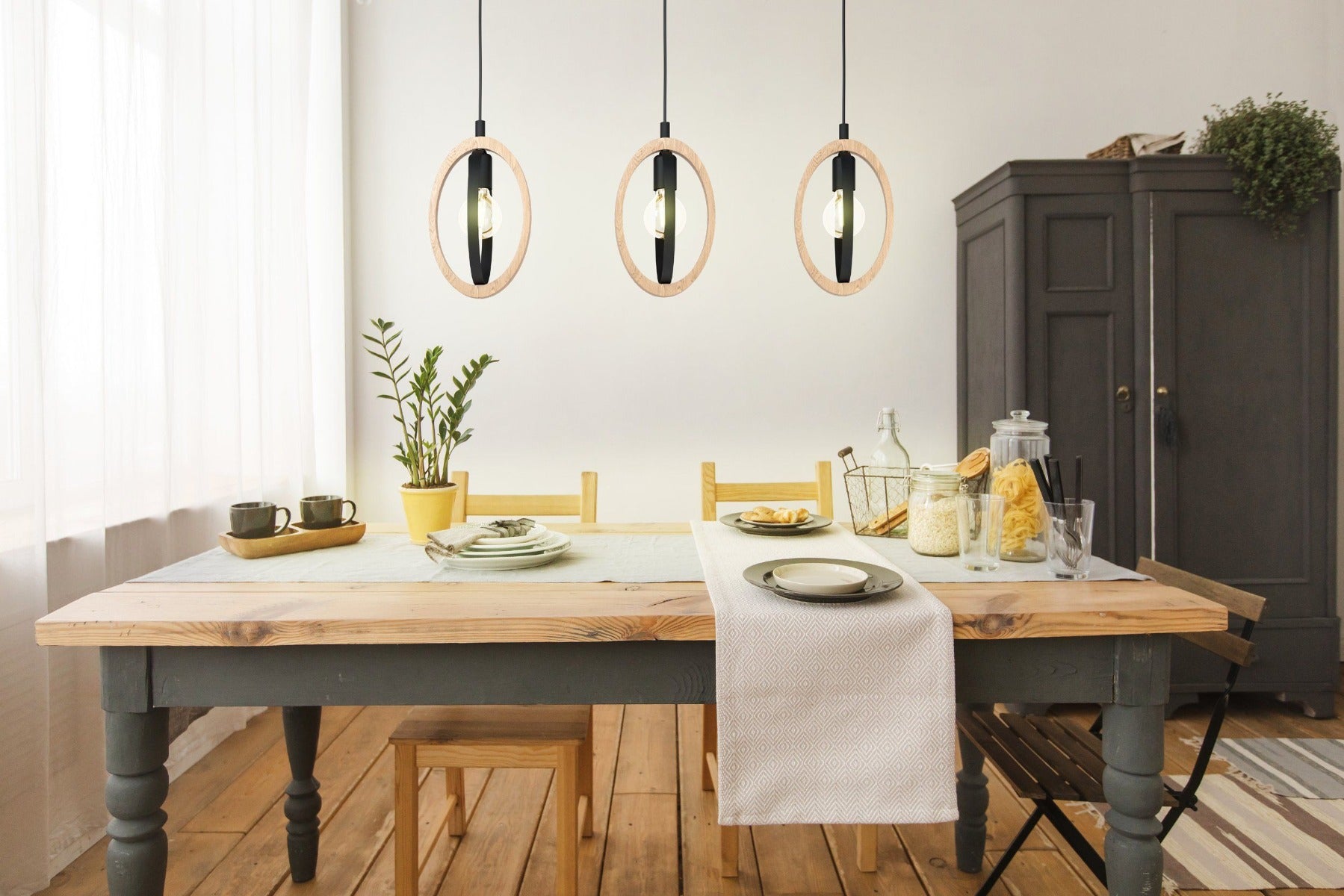 BASILDON PENDANT LIGHT 3X40W E27 BLACK WITH NATURAL WOOD ACCENT BAR 43462N
