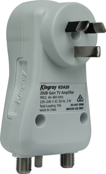 Kingray KDA20 20dB Distribution Amplifier, Plug into Mains Power, Single input/output F-Type connectors, 44-860MHz