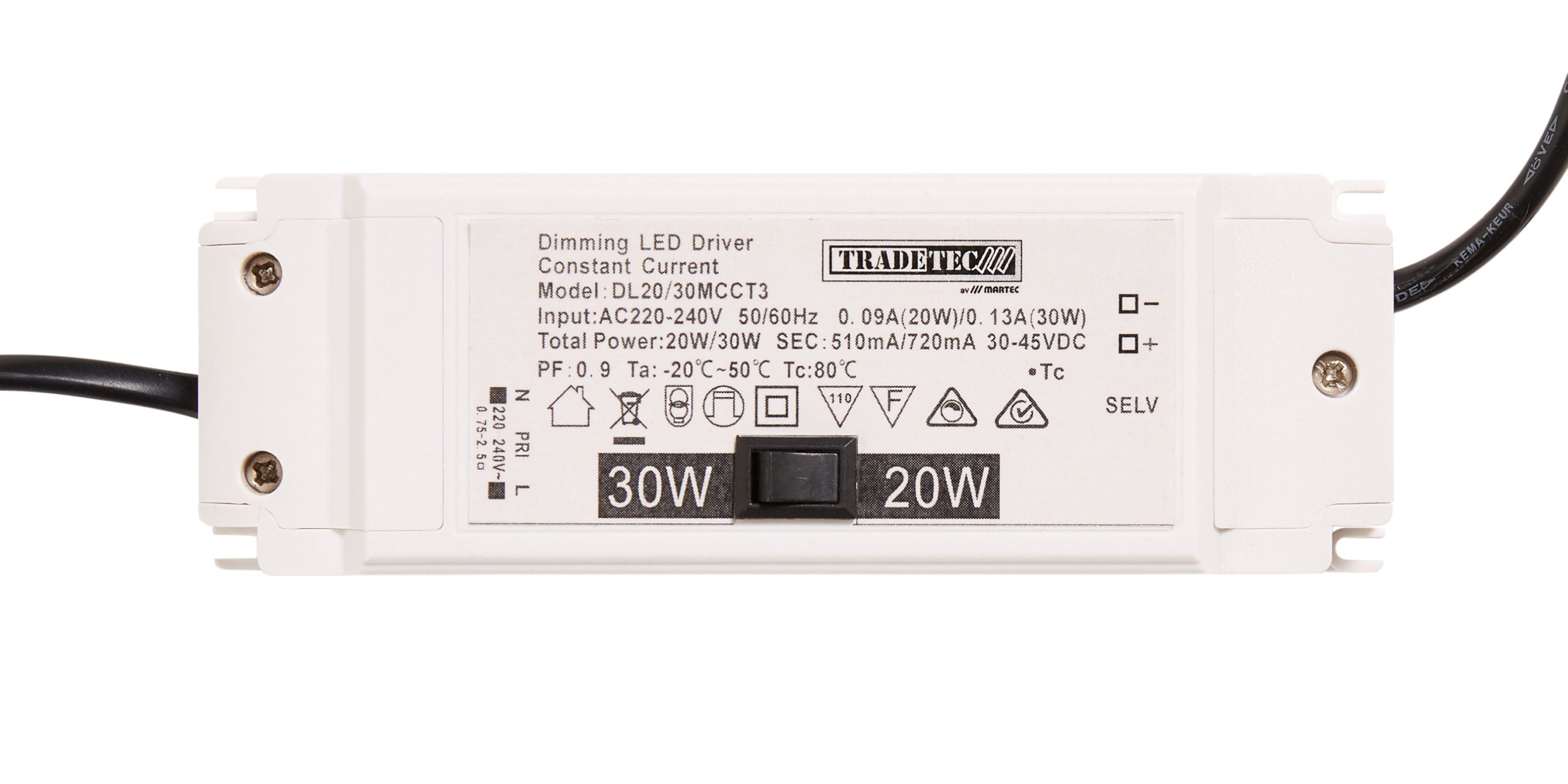 Tradetec Discus Dual Wattage 20w & 30w Tricolour LED Downlight White - TLDD34523WD